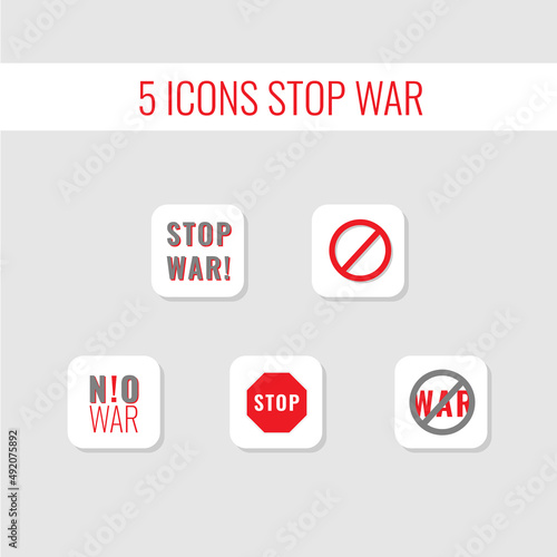 5 icons stop war with red and grey colors.