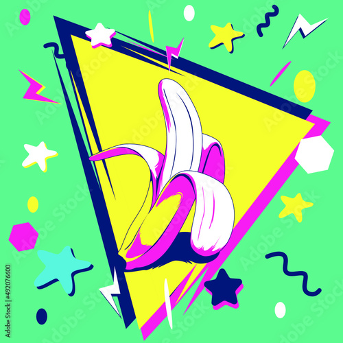 The 80s and 90s banana with funky colorful design style textures and objects mix. 80's and 90's pop art style vector illustration, use it for sticker, calendar, print, background, and poster