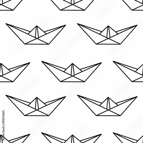 Simple vector seamless pattern with a black line paper boat on a white background. Spring theme, good for scrapbooking paper, prints, web design.