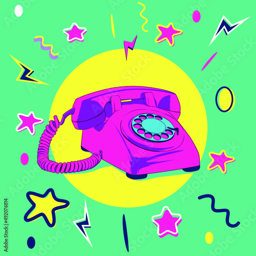 The 80s and 90s Classic phone with funky colorful design style textures and objects mix. 80's and 90's pop art style vector illustration, use it for sticker, calendar, print, background, and poster