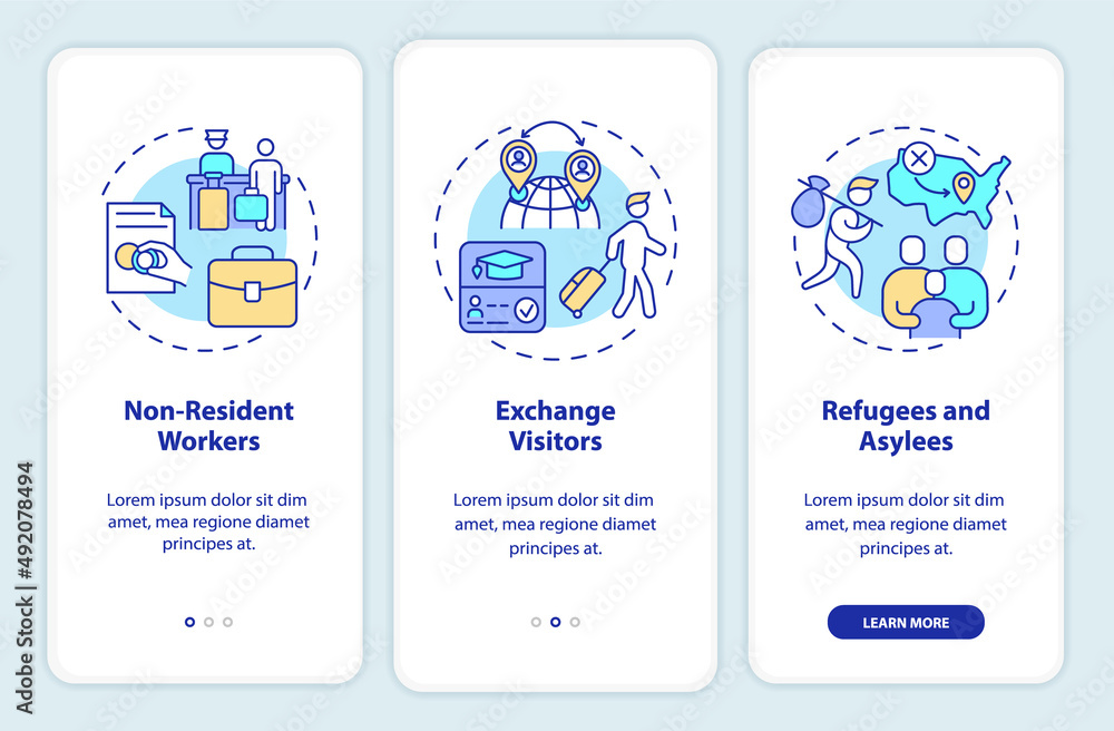 Migration pathways onboarding mobile app screen. Permissions walkthrough 3 steps graphic instructions pages with linear concepts. UI, UX, GUI template. Myriad Pro-Bold, Regular fonts used