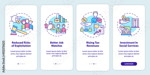 Positive impact of legalizing immigrants onboarding mobile app screen. Walkthrough 4 steps graphic instructions pages with linear concepts. UI, UX, GUI template. Myriad Pro-Bold, Regular fonts used