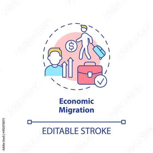 Economic migration concept icon. Moving to find work. Reason for relocation abstract idea thin line illustration. Isolated outline drawing. Editable stroke. Arial, Myriad Pro-Bold fonts used