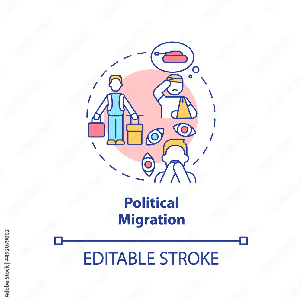 Political migration concept icon. Escaping problems. Reason to leave homeland abstract idea thin line illustration. Isolated outline drawing. Editable stroke. Arial, Myriad Pro-Bold fonts used