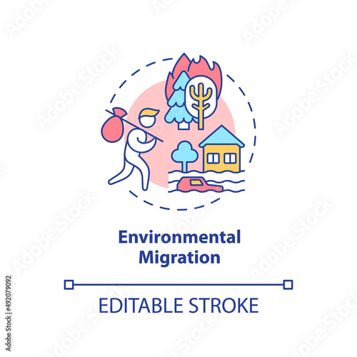 Environmental migration concept icon. Escaping ecology problems. Relocation reason abstract idea thin line illustration. Isolated outline drawing. Editable stroke. Arial, Myriad Pro-Bold fonts used