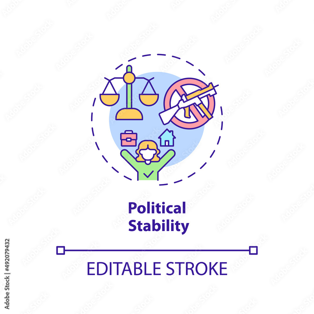 Political stability concept icon. Moving for safety. Pull factor for migration abstract idea thin line illustration. Isolated outline drawing. Editable stroke. Arial, Myriad Pro-Bold fonts used