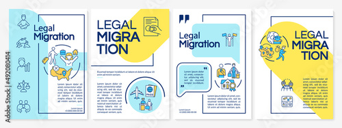 Legal migration blue and yellow brochure template. Relocation to other country. Leaflet design with linear icons. 4 vector layouts for presentation, annual reports. Questrial, Lato-Regular fonts used