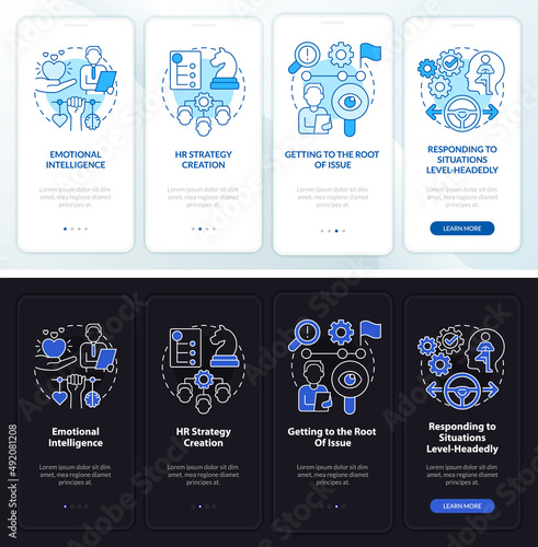 HR soft skills night and day mode onboarding mobile app screen. Hiring walkthrough 4 steps graphic instructions pages with linear concepts. UI, UX, GUI template. Myriad Pro-Bold, Regular fonts used