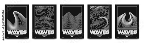 Collection of modern abstract posters with optical waves. In techno style, psychedelic design, prints for T-shirts and hoodies. Isolated on black background