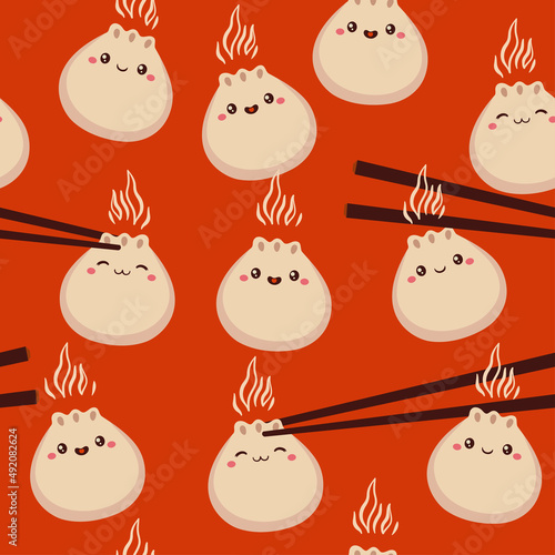 Seamless pattern with dumplings on a red background. Vector graphics.