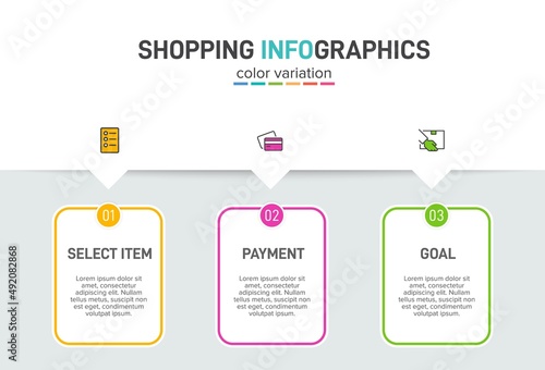 Concept of shopping process with 3 successive steps. Three colorful graphic elements. Timeline design for brochure, presentation, web site. Infographic design layout.