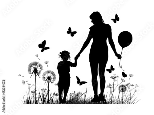 Silhouette of a mother with a child walking. Vector illustration