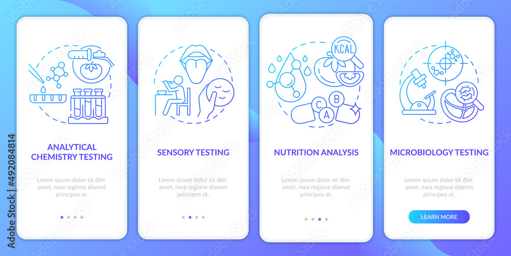 Food samples evaluation blue gradient onboarding mobile app screen. Walkthrough 4 steps graphic instructions pages with linear concepts. UI, UX, GUI template. Myriad Pro-Bold, Regular fonts used