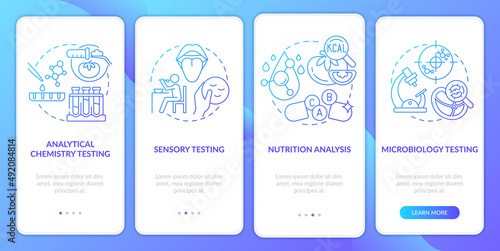 Food samples evaluation blue gradient onboarding mobile app screen. Walkthrough 4 steps graphic instructions pages with linear concepts. UI, UX, GUI template. Myriad Pro-Bold, Regular fonts used
