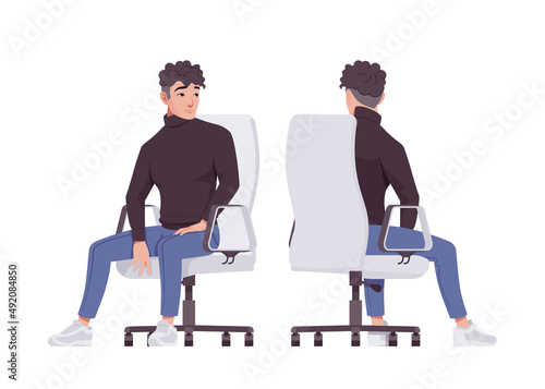 Office man armchair sitting pose business casual look smart guy. Sporty chic office outfits young businessman. Vector flat style cartoon character set isolated on white background, front, rear view