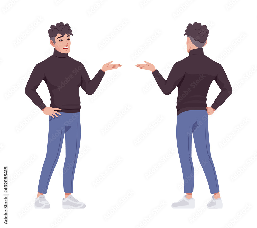 Office man standing talk pose business casual look smart guy. Sporty chic  office outfits young businessman. Vector flat style cartoon character set  isolated on white background, front and rear view Stock Vector |