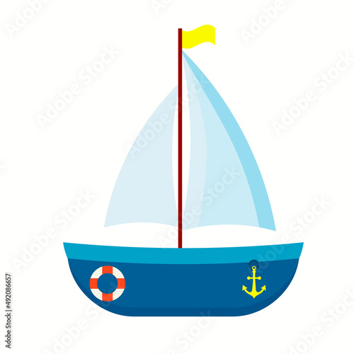 Marine ship. Cartoon water transport design. Flat vector illustration isolated on white background