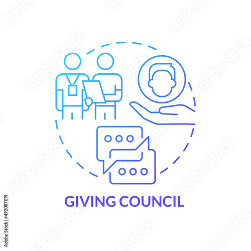 Giving council blue gradient concept icon. Coach support and corporate education. HR skills abstract idea thin line illustration. Isolated outline drawing. Myriad Pro-Bold font used