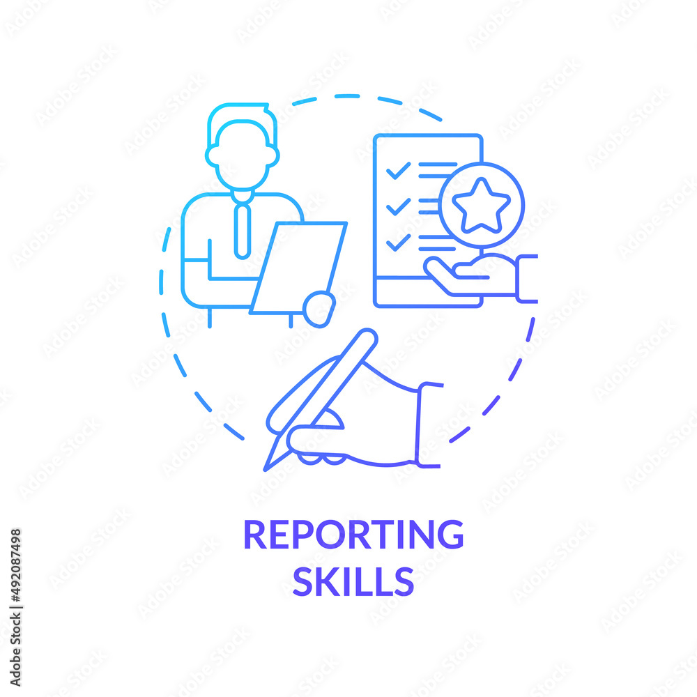 Reporting skills blue gradient concept icon. Writing accurate reports about work. HR skills abstract idea thin line illustration. Isolated outline drawing. Myriad Pro-Bold font used