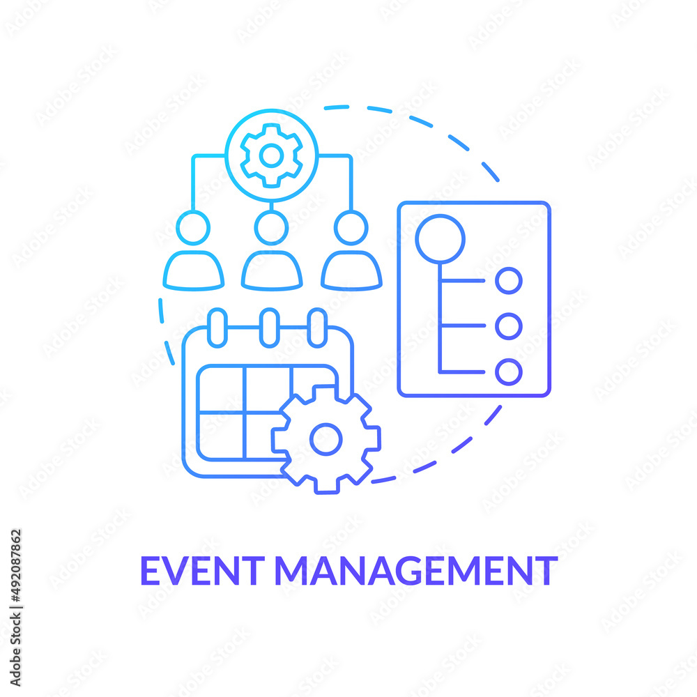 Event management blue gradient concept icon. Business planning and work. HR organizing skills abstract idea thin line illustration. Isolated outline drawing. Myriad Pro-Bold font used Event management blue gradient concept icon. Business planning and work. HR organizing skills abstract idea thin line illustration. Isolated outline drawing. Myriad Pro-Bold font used
