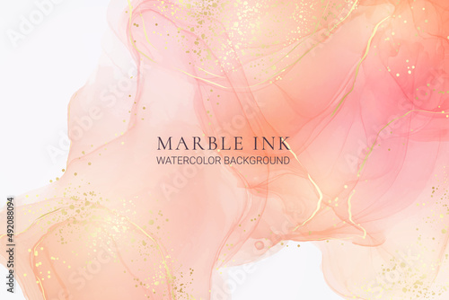Rose pink liquid watercolor background with golden dots. Dusty blush marble alcohol ink drawing effect. Vector illustration design template for wedding invitation, menu, rsvp