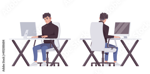Office man working with monoblock computer business casual look guy. Sporty chic office outfits young businessman. Vector flat style cartoon character set isolated, white background, front, rear view