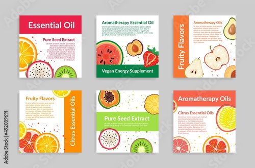 Aromatherapy essential oil promo poster place for text set vector cosmetics beauty procedure