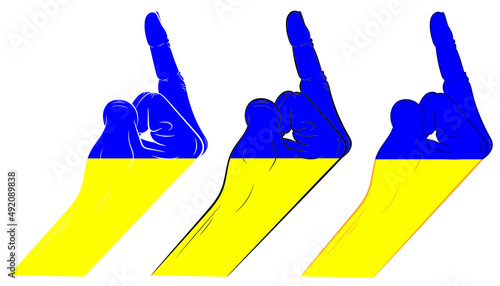 Set of The hand shows the 
with the coloring of the Ukrainian flag. Vector illustration.