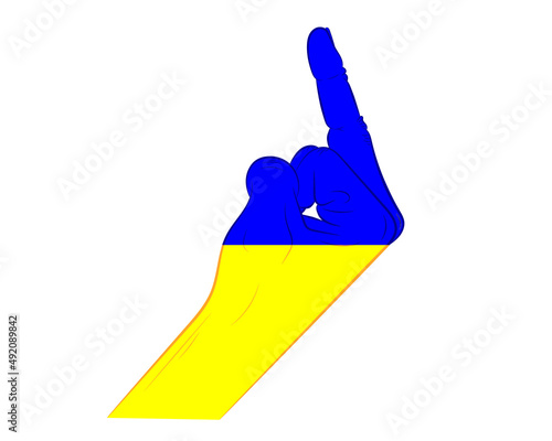 The hand shows the 
with the coloring of the Ukrainian flag. Vector illustration.