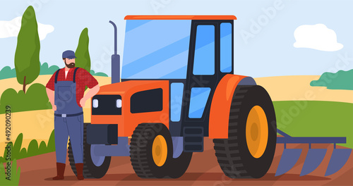 Harvesting and agricultural crop male farmer with plow tractor on field vector flat illustration