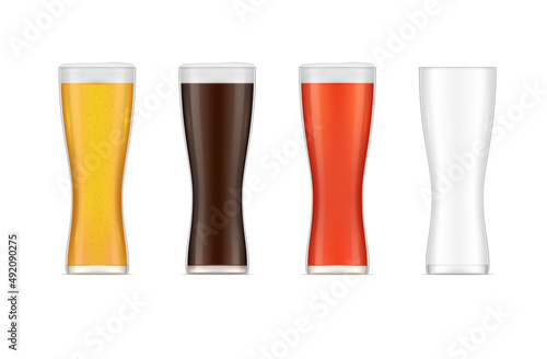 Different types of beer set in transparent glasses realistic vector malt alcoholic beverage menu