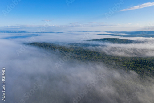 Aerial view of the fog over the forest. Murmansk Oblast, Russia.