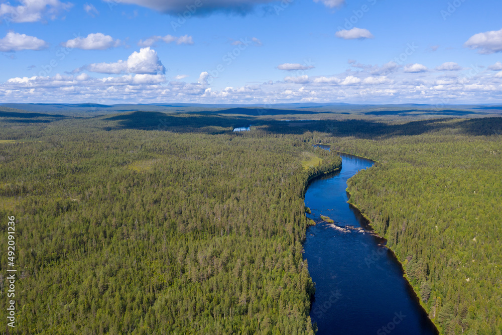 Aerial view of Tuntsayoky river on sunny summer day. Murmansk Oblast, Russia.