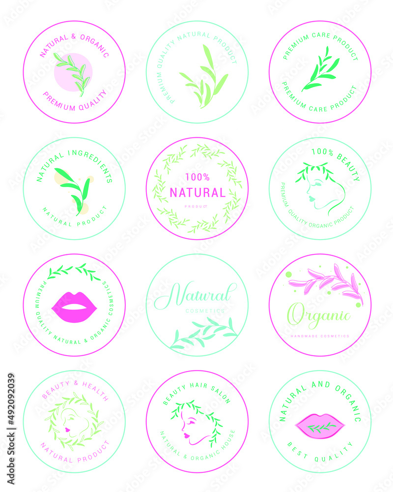 Set of natural cosmetics, organic, flower, healthcare, beauty, Wellbeing labels and stickers. Vector illustration for promotional material, web design, packaging design and more. Set of natural cosmetics, organic, flower, healthcare, beauty, Wellbeing labels and stickers. Vector illustration for promotional material, web design, packaging design and more.