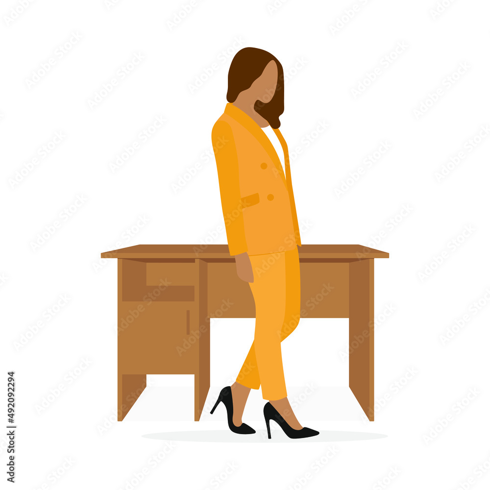 Female character in a business suit stands near a desk on a white background Female character in a business suit stands near a desk on a white background