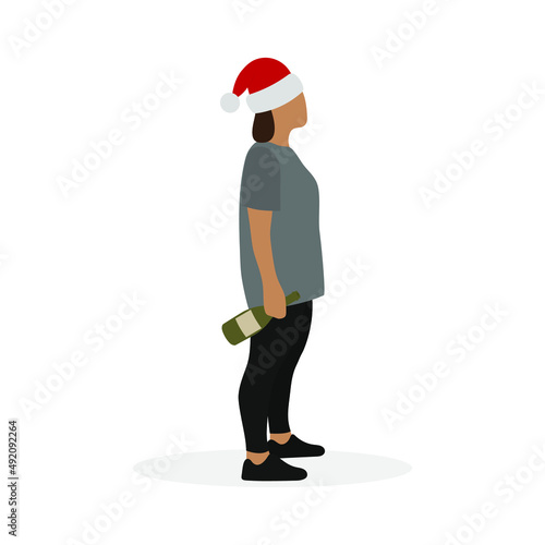 Fat female character in sportswear and with a bottle of champagne in hand stands on a white background