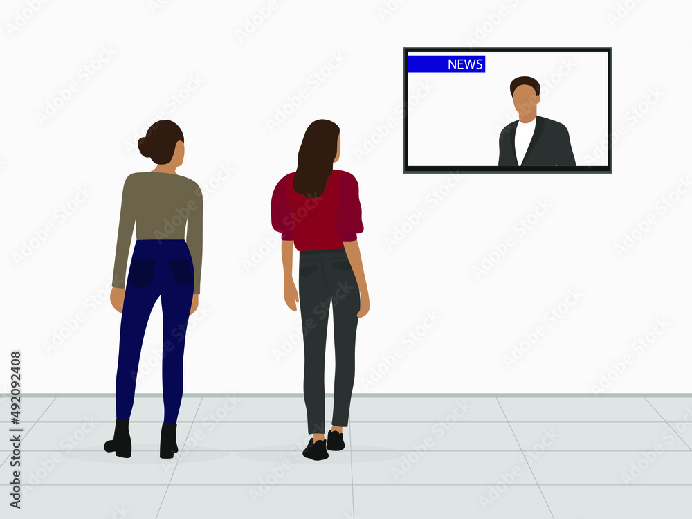 Two female characters watching news on TV hanging on the wall Two female characters watching news on TV hanging on the wall