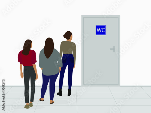 Three female characters stand in line for the toilet indoors