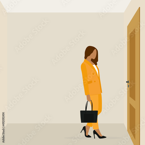 A female character in a business suit and with a bag in her hand stands in front of a closed door in a room
