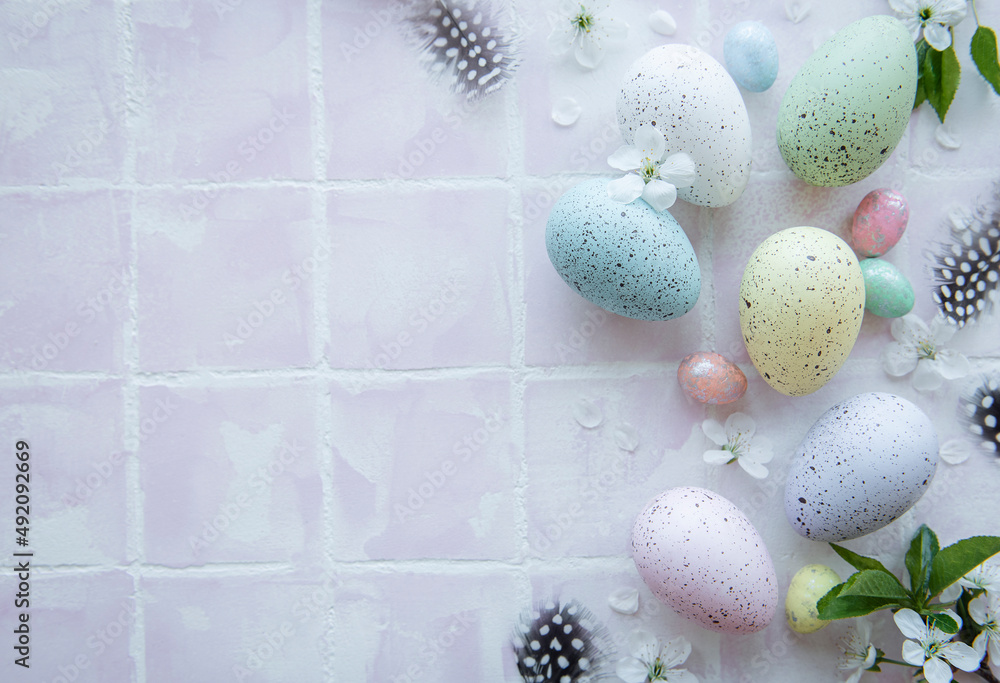 Colorful Easter eggs on tile background Colorful Easter eggs on tile background