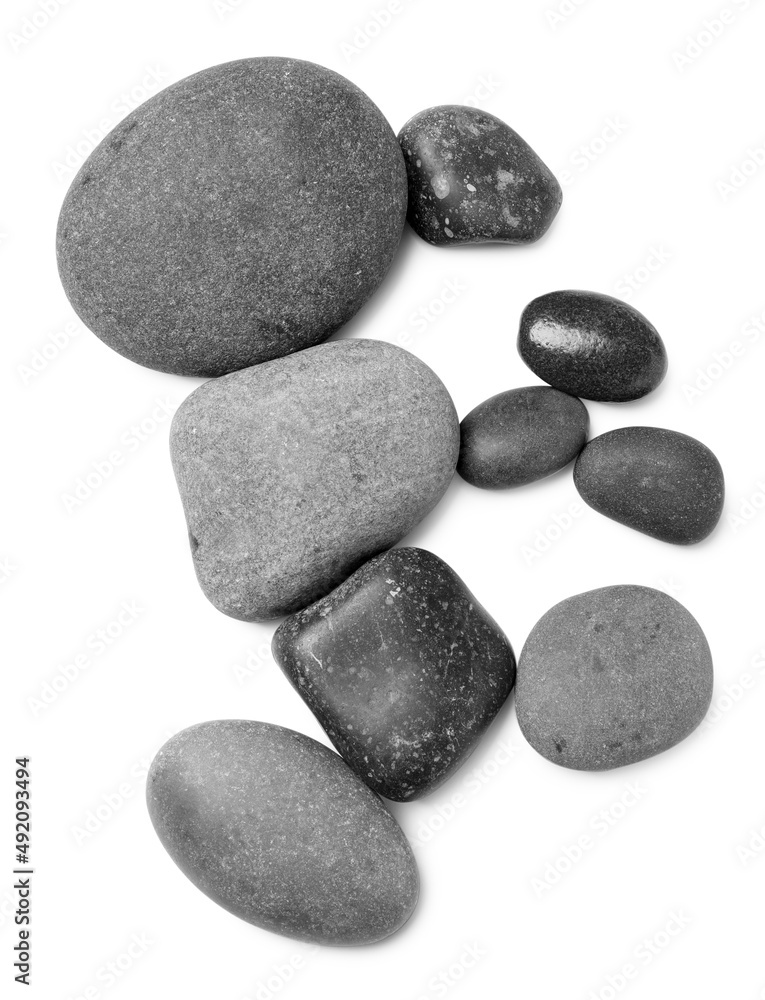 Group of different stones on white background, top view Group of different stones on white background, top view