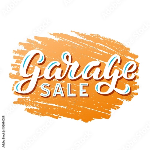 Hand drawn vector illustration with white lettering on textured background Garage Sale for advertising, announce, flyer, card, design, brochure, sign, information message, website, banner, template