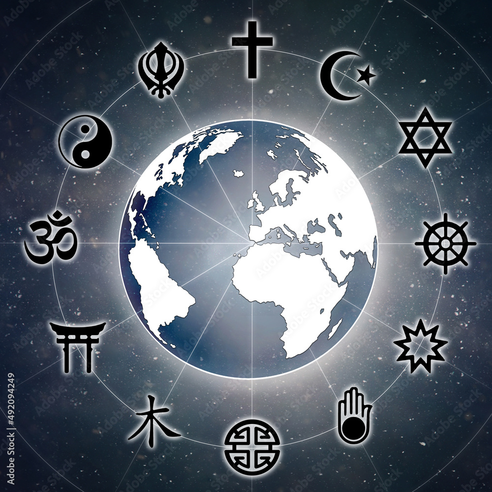 Naklejka premium Earth globe with religious symbols and universe background