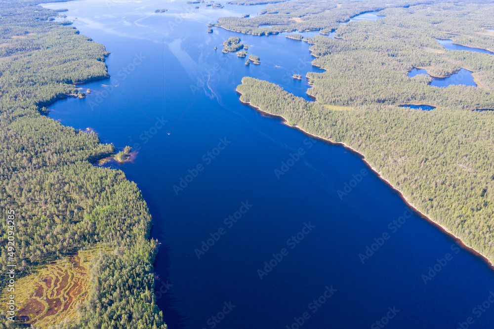 Drone view of Iovskoye reservoir on sunny summer day. Murmansk Oblast, Russia.