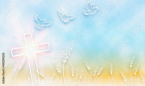 Religious illustration background with cross in wheat field and doves photo