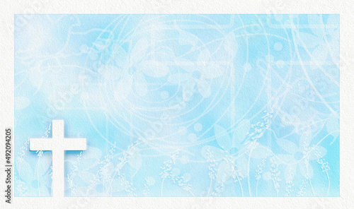 Textured blue religious background with white border and motifs