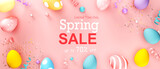 Spring sale message with colorful Easter eggs and spring holiday pastel colors
