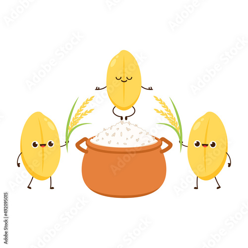 Rice character design. rice vector on white background. Paddy vector. Cooking rice in earthen pot. Earth pot vector.