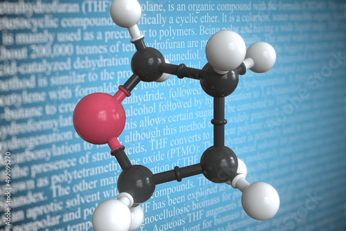 Molecular model of tetrahydrofuran, 3D rendering photo