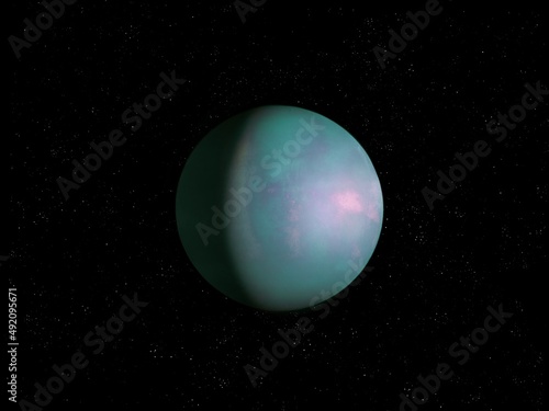 Earth-like planet with atmosphere and solid surface in space with stars, realistic surface of alien planet. © Nazarii